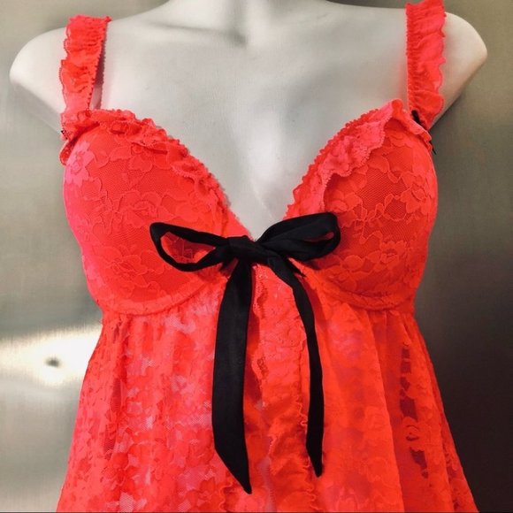 💕La Senza Hot Coral Padded Push Up Bra Lace Babydoll Lingerie w/Panties S NWOT💕 - Picture 8 of 16